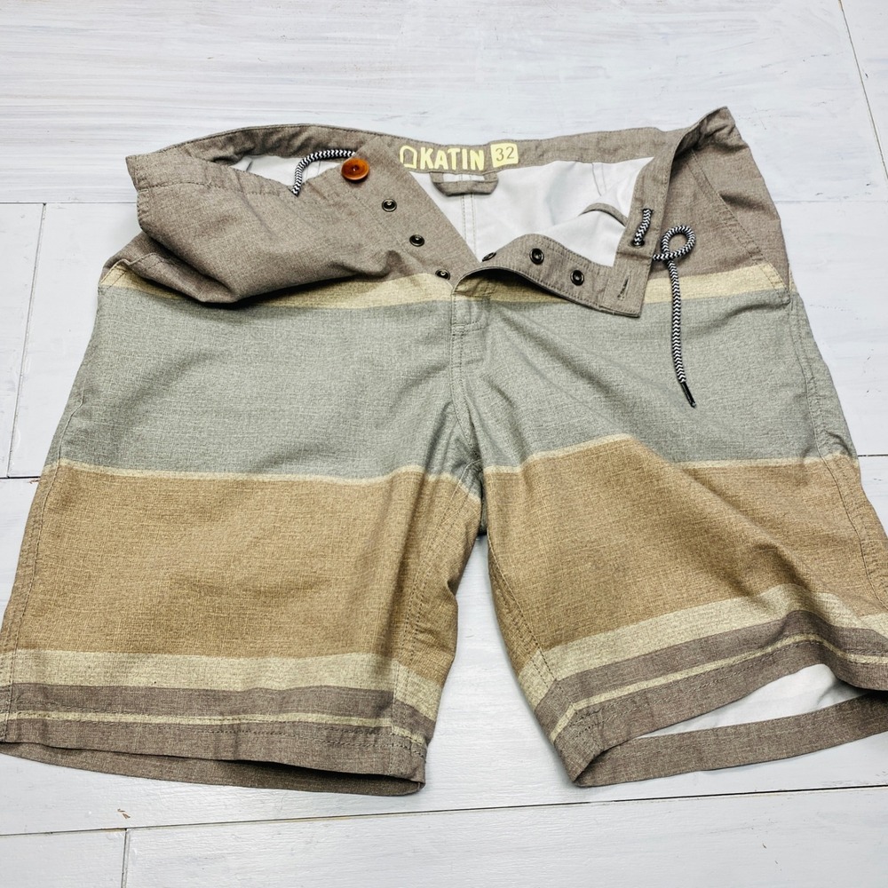 Katin Board Shorts Mens 32 Brown Tan Striped Surf Swim Trunks Pockets Beachwear